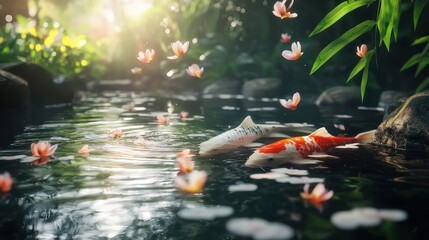 Serene Pond Scene with Colorful Koi Fish and Falling Pink Petals, Illuminated by Golden Sunlight, Surrounded by Lush Green Foliage, Creating a Tranquil Natural Ambiance.