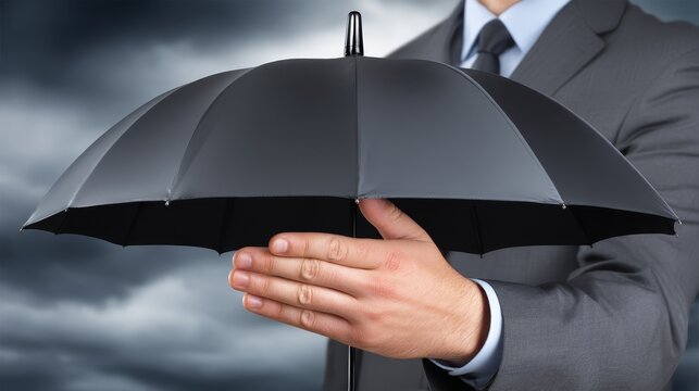 Professional businessman in elegant suit holding umbrella prepared for rain stylish weather protection weather resilience.