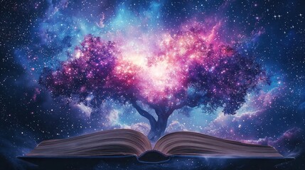 A magical open book revealing a luminous tree of knowledge under a vibrant cosmic sky filled with stars and nebulae, symbolizing boundless imagination and discovery.