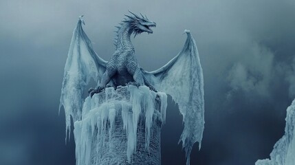 Majestic Ice Dragon Perched on a Frozen Stone Tower, an Epic Fantasy Creature Amidst a Wintry, Overcast Sky with Icy Details and Grandeur