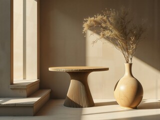 Minimalist Interior with Wooden Table and Vase in Sunlight