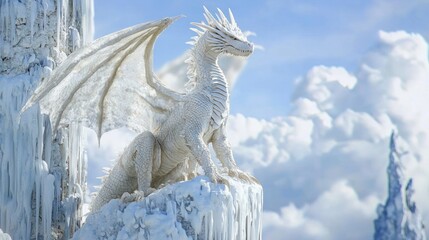 Majestic White Dragon Perched on Icy Mountain Peak Above Clouds, a Fantasy Winter Scene Against a Bright Blue Sky.