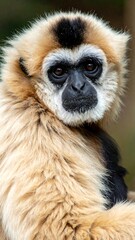 Close-up of a primate, featuring light fur and dark facial features