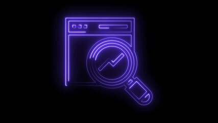 Neon search engine analytics glowing concept animation on black background for data analysis visuals