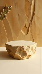 Minimalist Stone Podium with Natural Texture and Warm Lighting