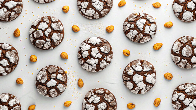 Chocolate crinkle cookies with almonds pattern
