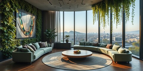 Modern Living Room with City View and Greenery