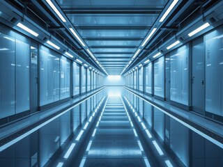 Futuristic Corridor with Blue Lighting and Reflective Floor