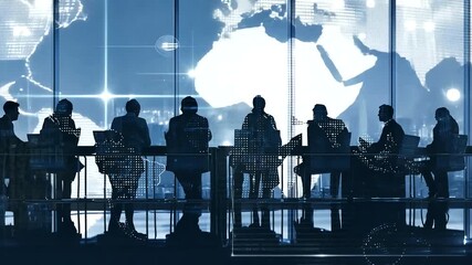 Team Collaboration in Modern Office with Digital World Map and Diverse Professionals Silhouettes - Powered by Adobe