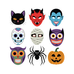 Fototapeta premium Collection of nine Halloween themed cartoon masks and icons Keywords: halloween, mask, icon, black