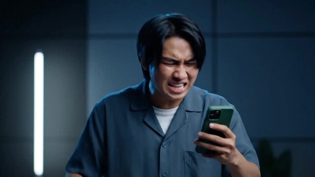 Frustrated man pointing at head while looking at smartphone in dimly lit modern room