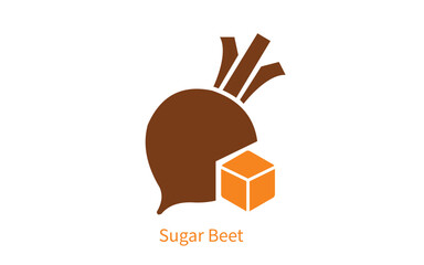 A brown beet with green leaves and an orange sugar cube on a white background art