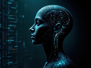 Cybernetic Human Profile in Futuristic Cityscape