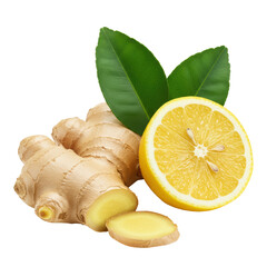 Photorealistic macro shot of a gnarled ginger root, a vibrant halved lemon with visible pulp and seeds, and two lush green leaves, arranged on a transparent background with copy space, natural health