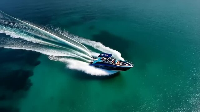 Aerial view of a speedboat racing across turquoise waters, showcasing thrilling water sports and adventure