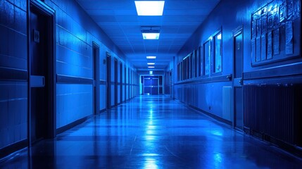 Long Blue-Lit Hallway in an Institutional Building with Reflective Floors and Symmetrical Doors