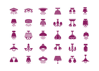 Ceiling light fixture. A single lampshade designed for indoor illumination that may cause glare. Lamp design. Collection of vector icons, glyphs, silhouettes, isolated.