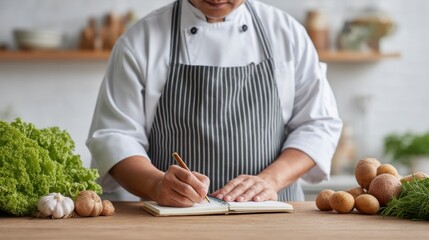 Professional chef in striped apron writing in notebook surrounded by fresh vegetables in a rustic kitchen setting, focusing on culinary creativity and planning
