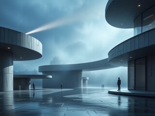 Futuristic Architectural Space with Dramatic Lighting and Solitary Figures