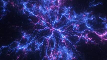 A central burst of swirling blue and pink lightning with branching streaks extending outwards - Powered by Adobe