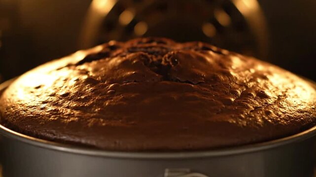 A chocolate cake bakes inside an oven slightly cracked on top encased in a metal baking pan illuminated by warm light