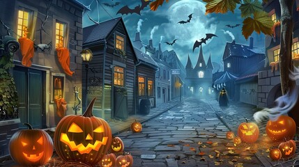 Spooky & Vibrant Street Halloween Scene: A Tapestry of Costumed Revelers, Glowing Jack-O&rsquo;-Lanterns, and Festive Cheer
This image captures the electric energy of a Halloween street, where costumed crow