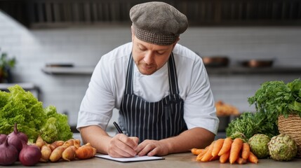 Professional chef writing notes with fresh vegetables and herbs on the table in a modern kitchen, focusing on culinary preparation and creativity