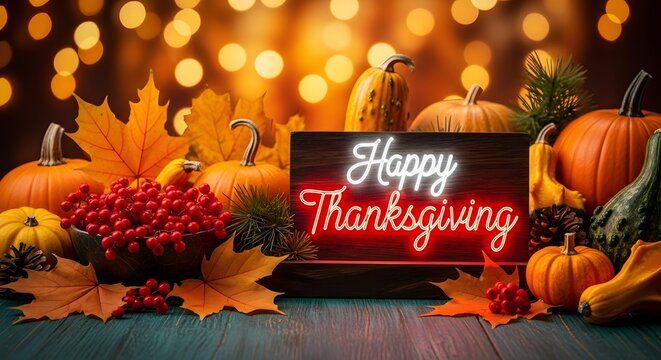 Happy thanksgiving neon sign glowing with warm light surrounded by pumpkins, gourds, autumn leaves, and berries on a rustic wooden table, creating a festive fall holiday atmosphere