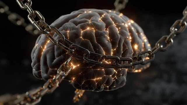 A brain is chained to a chain. The brain is black and has a gold chain around it. Glowing AI brain chained tightly with metallic law chains, legal framework dramatic dark conceptual