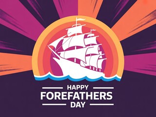 Happy forefathers day illustration featuring a silhouette of a majestic sailing ship on waves against a vibrant sunburst background