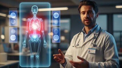 Doctor explaining human anatomy with digital interface and skeleton for medical analysis - Powered by Adobe