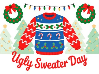 Festive ugly christmas sweater with candy canes and wreaths celebrating ugly sweater day