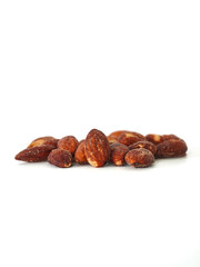 Close up Almonds bean on white background. Fruit bean for energy breakfast, brunch snack, and vegetarian. Healthy food contains antioxidants nutrients vitamins. Kernel Grains almond nutrition 