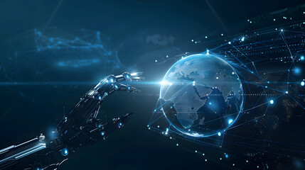 Robot hand interacting with digital globe