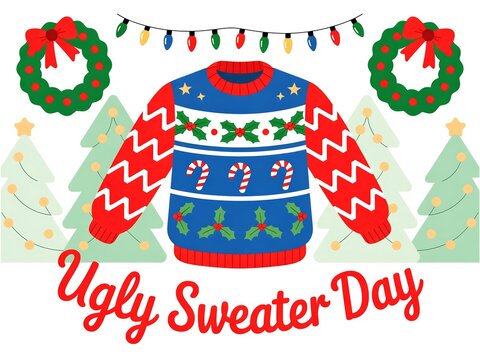 Festive ugly christmas sweater with candy canes and wreaths celebrating ugly sweater day