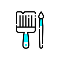 Flat Design Icon of a Paintbrush and a Smaller Artist Brush With Cyan Blue Accents on a Transparent White Background