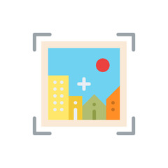 Flat Design Illustration Of A Cityscape With Buildings And A Sun On A Blue Sky