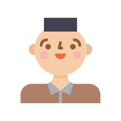 Flat design illustration of a smiling man with a flat top haircut wearing a brown collared shirt and a dark blue square hat against a transparent background