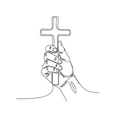 Hand holding a simple cross in a minimalist style, showcasing faith and spirituality, with clean lines and a serene atmosphere, representing devotion and belief