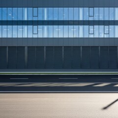 Modern Corporate Office Building Facade, Reflective Glass Windows, and Empty Urban Road