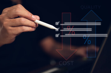 Businessman using a stylus to check a list for process optimization. The diagram shows the business strategy of increasing quality while reducing costs, symbolizing efficiency and control.
