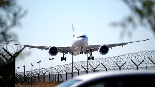 Passenger airplane approaching for landing over fence with razor wire in daytime sky
