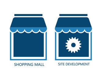 Illustration of shopping mall and site development icons in blue and white colors