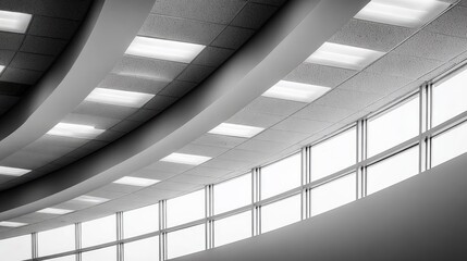 Fototapeta premium Architectural detail of a curved ceiling with recessed lighting and windows.