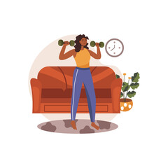 Fit Woman Exercising with Dumbbells Indoors in Living Room with Orange Couch and Plant
