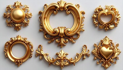 Gold ornamental decorative elements arranged against a neutral background