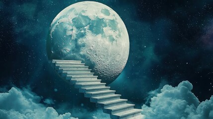 Surreal Staircase Ascending to a Luminous Blue Moon in a Starry Night Sky with Ethereal Clouds