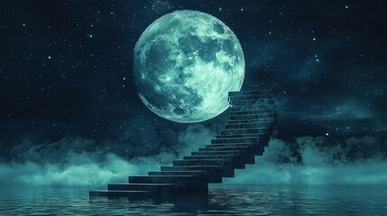 Ethereal Stairway Reaching Towards a Luminous Teal Full Moon Above Serene, Starry Waters at Night
