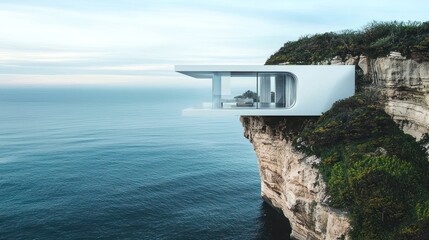 Architectural Masterpiece: Modern White House Cantilevered on a Dramatic Cliff Edge Overlooking the Serene Blue Ocean and Lush Coastal Landscape