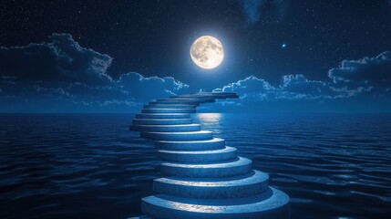 Moonlit Spiral Staircase Ascending from the Ocean Towards a Starry Night Sky and Full Moon
